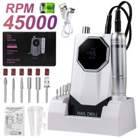 45000RPM Professional Portable Nail Drill Cordless Low Noise Nail Filer Electric Machine With Efile Bits & Base For Acrylic Nails, Electric Nail (Option: White)